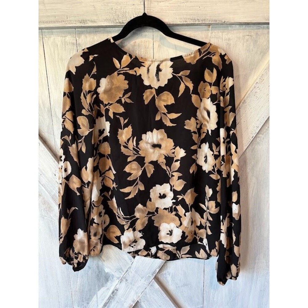 WHBM White House Black Market Blouse Shirt Top Long Sleeve Brown Floral Women 10